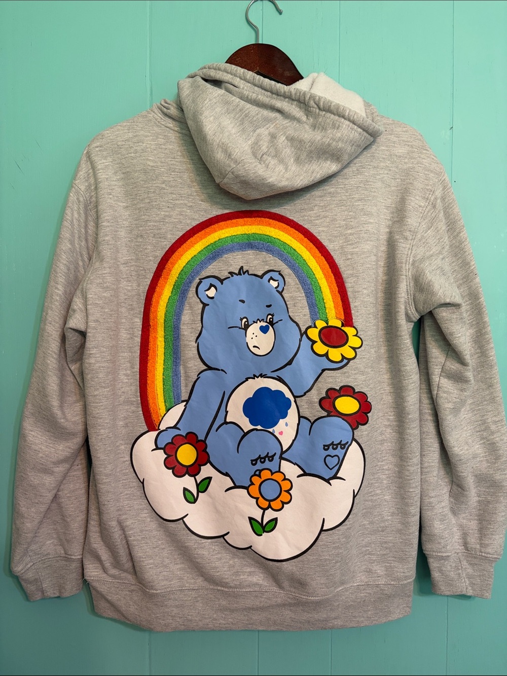 Freeze CareBears Gray Hoodie Funshine on Front. Grumpy Bear Back Hit. Sleeve Hit